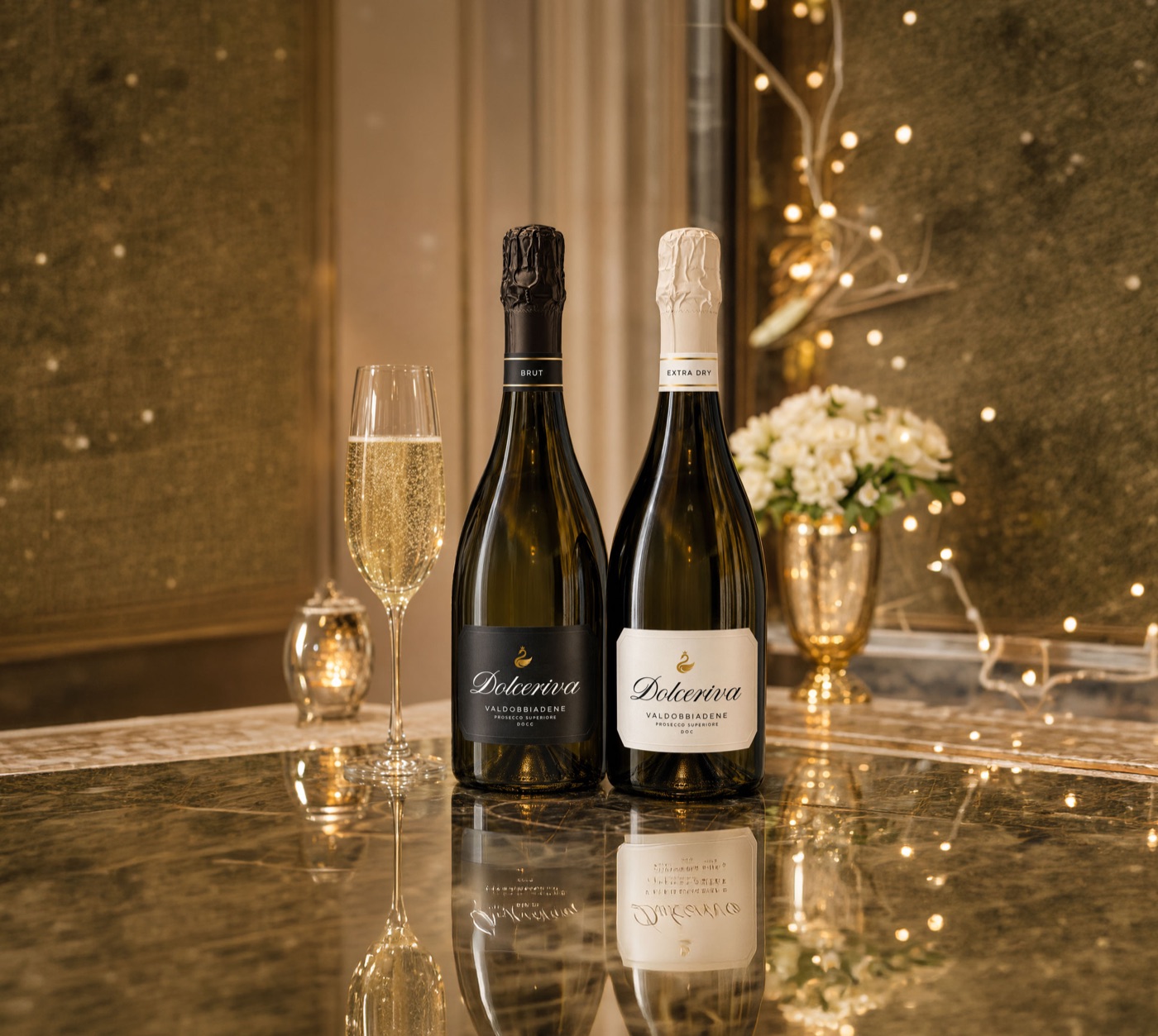Bottiglie Dolceriva Brut ed Extra Dry con calice servito